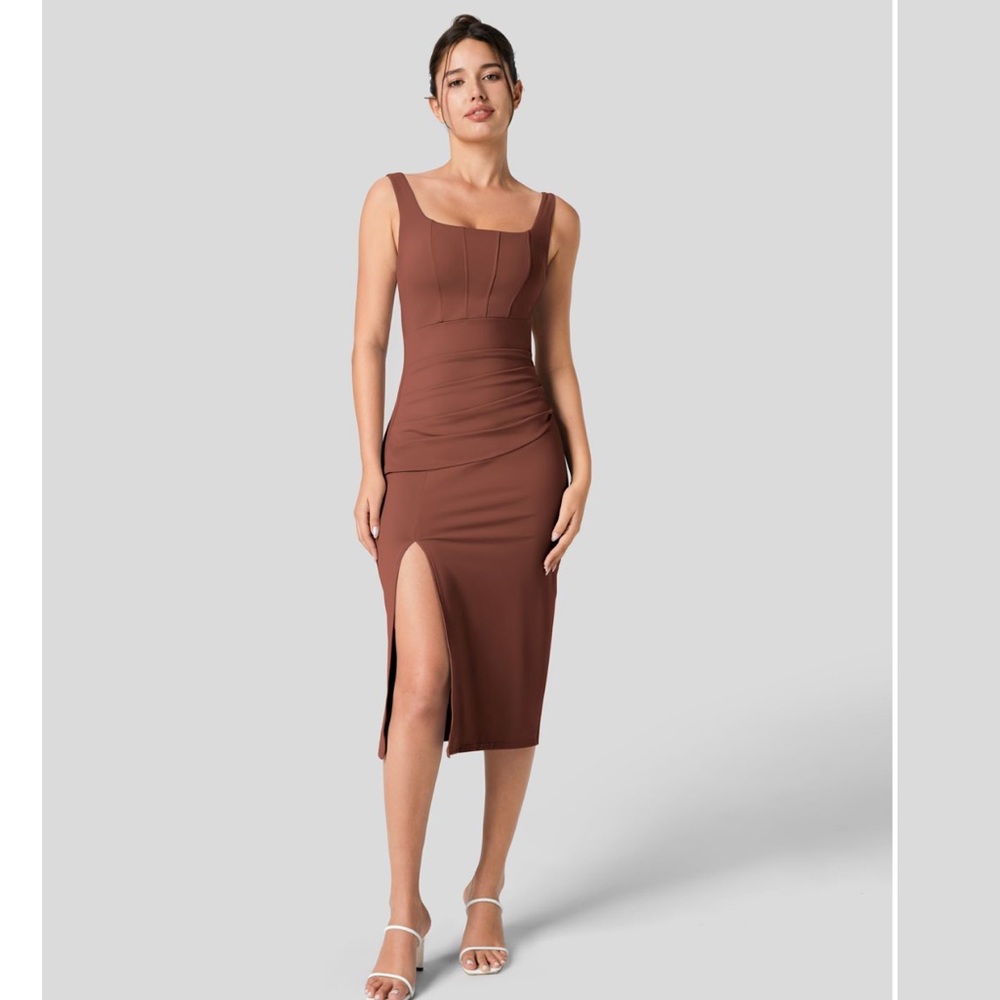 Halara Square Neck Backless Corset Ruched Split Bodycon Midi Casual Dress